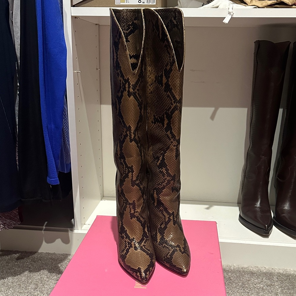 Paris Texas Tan and Black Snakeskin Heeled Boots